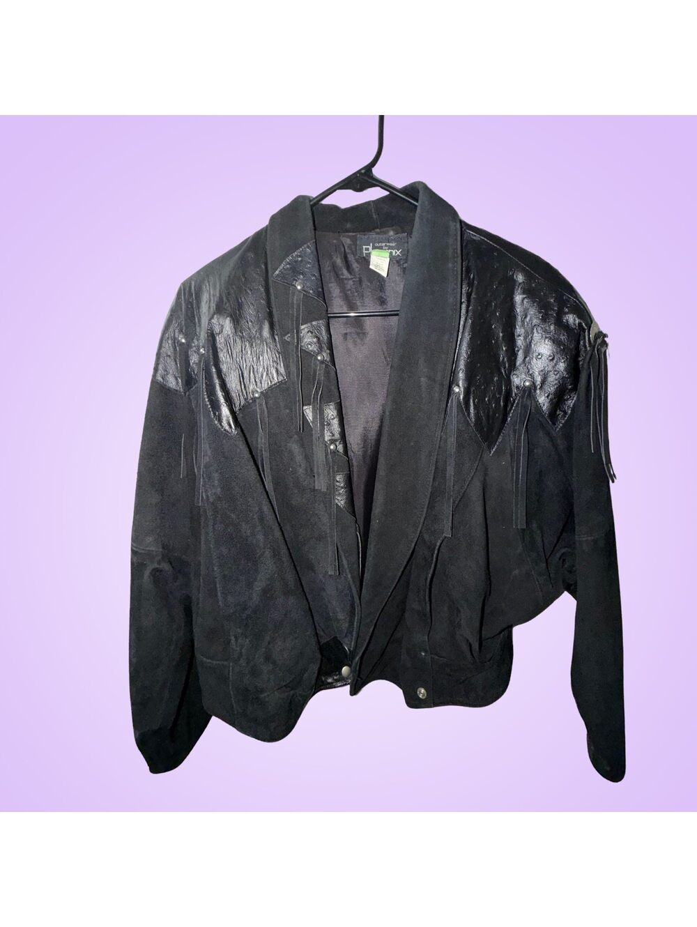 Vintage 80's Outerwear | Phoenix Black Leather Suede Fringe Jacket | Small